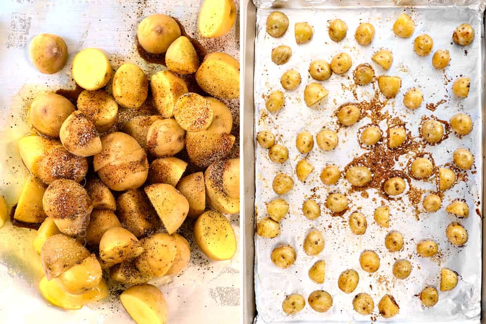 showing how to cook pork tenderloin by par cooking potatoes in the oven before adding the pork tenderloin to roast in the oven
