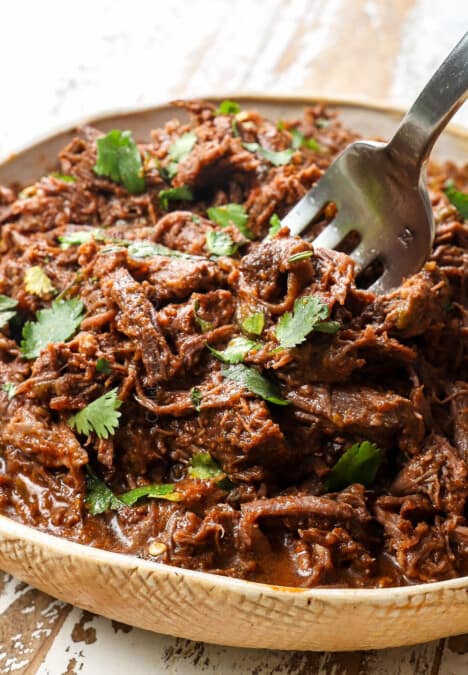 a fork serving Mexican Beef shredded in a bowl