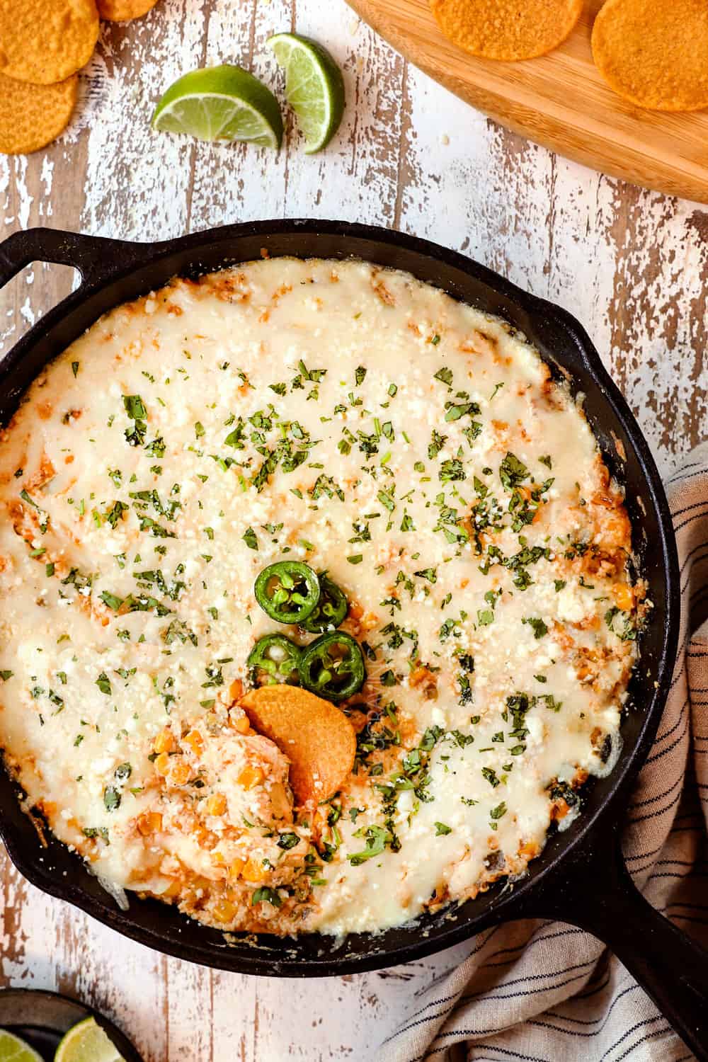 top view of corn dip with corn, cream cheese, mayonnaise, cilantro jalapenos, etc.