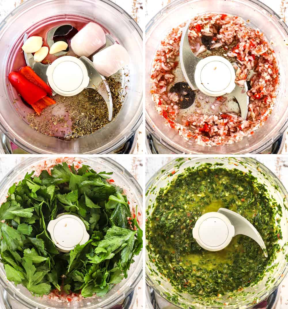 showing how to make chimichurri by 1) adding garlic, red wine vinegar and red chili peppers to food processor, 2) pulsing to chop, 3) adding flat parsley, 4) pulsing with olive oil