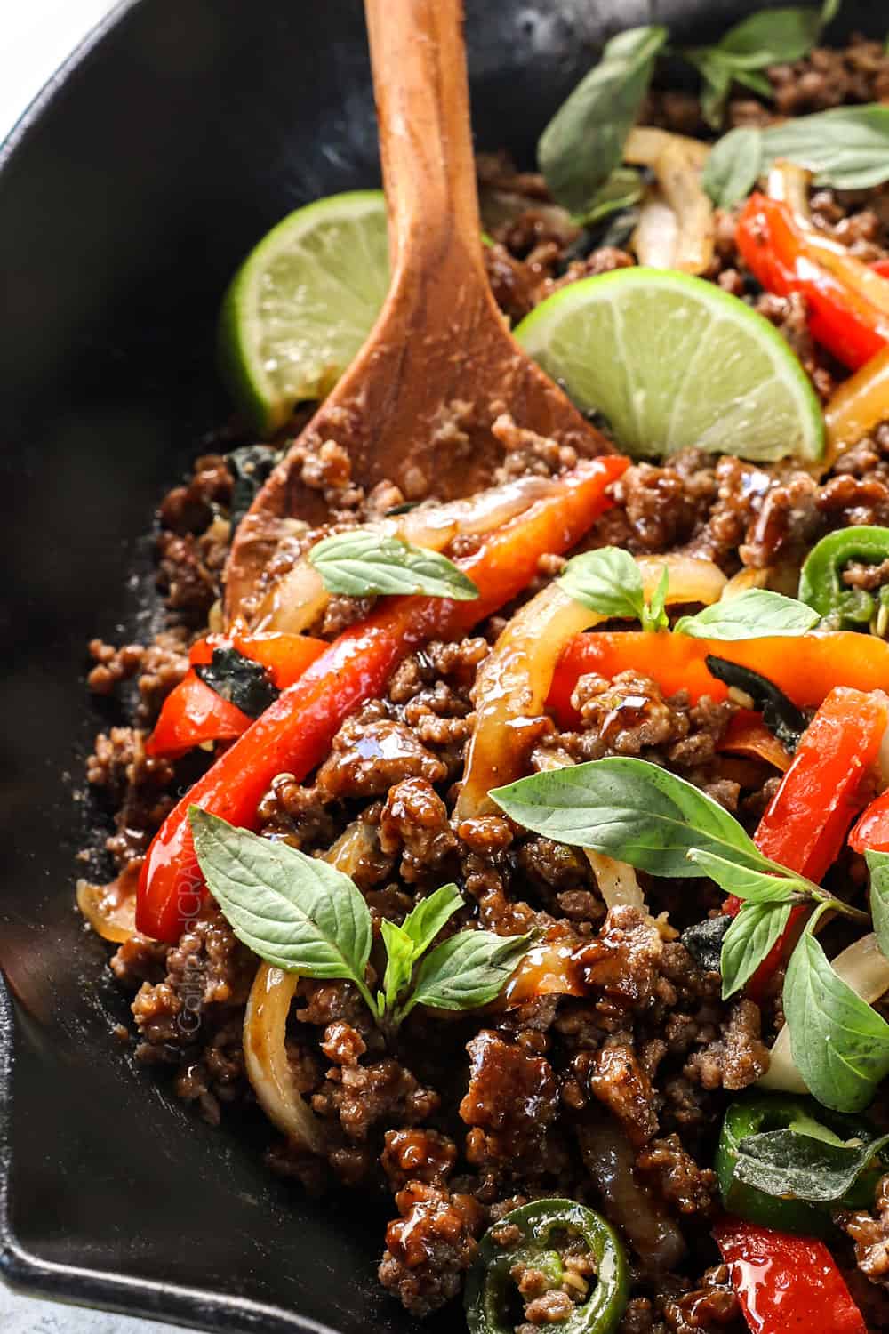 up close of Thai Basil Beef (pad krapow ) showing how juicy it is