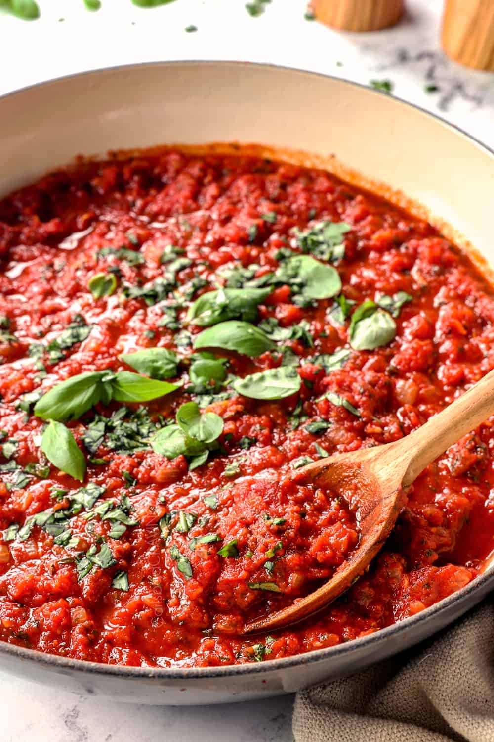 up close of tomato sauce recipe showing how thick it is
