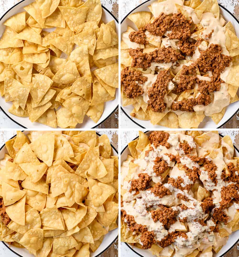 a four photo collage showing how to assemble nacho recipe by 1) adding tortilla chips to a platter, 2) adding half of the ground beef and beans and โ
of the nacho cheese, 3) adding the rest of the tortilla chips, 4) adding remaining ground beef, beans and cheese sauce