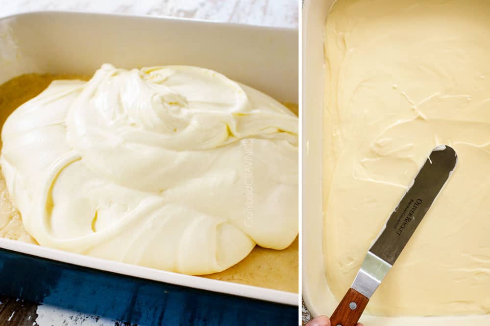a collage showing how to make Ooey Gooey Butter Cake recipe by adding the cream cheese layer on top of the cake layer in a 9x13 pan and spreading evenly with an offset spatula