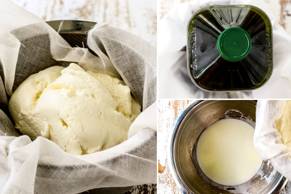 a collage showing how to make cannoli dip recipe by adding ricotta to a fine mesh strainer, topping with a heavy bottle and straining excess moisture over a bowl