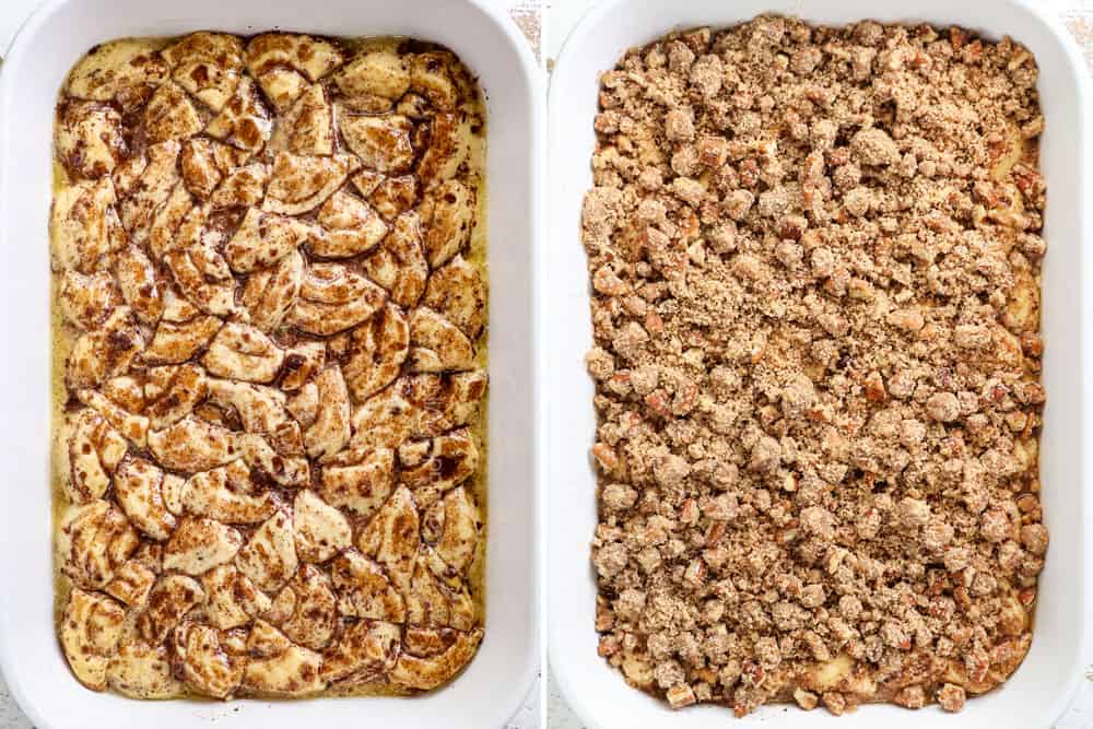 a collage showing how to make cinnamon roll casserole recipe by baking for 10 minutes then adding the streusel