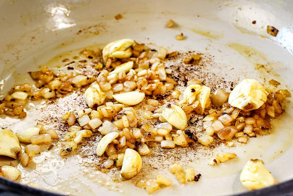 showing how to make garlic chicken recipe by sautéing the garlic and the shallots