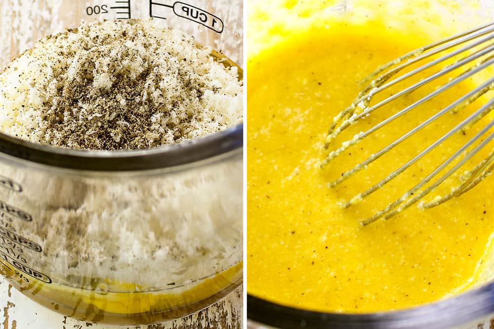 a collage showing how to make carbonara pasta recipe by whisking eggs, egg yolk, Pecorino Romano together until smooth