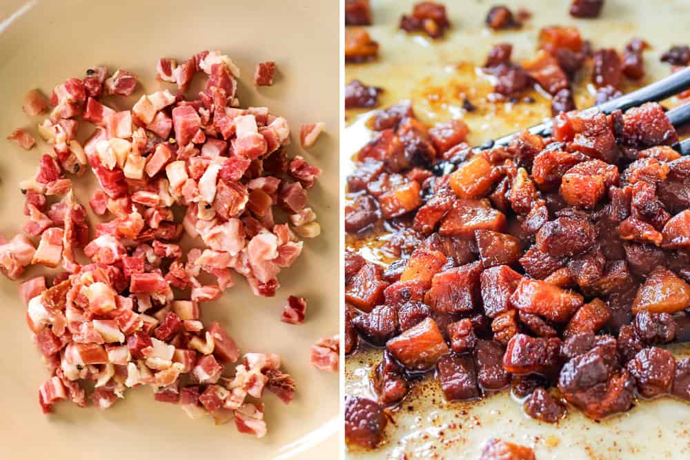 a collage showing how to make pasta carbonara recipe by adding raw Guanciale (bacon or pancetta) to a skillet and cooking until browned and crispy