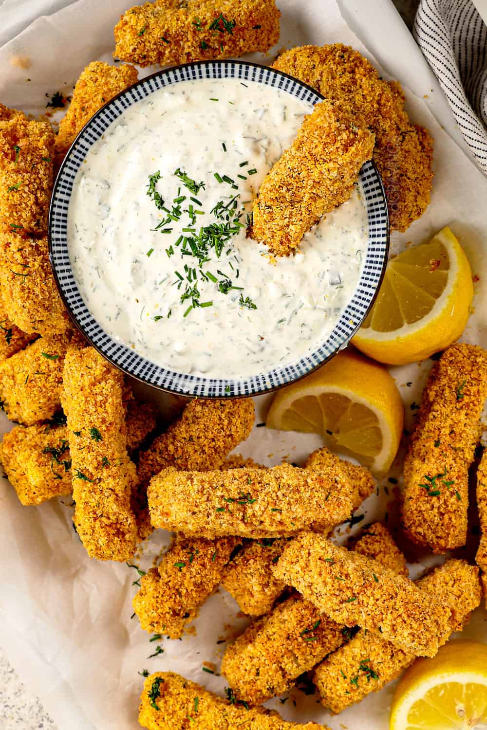 top view of showing tartar sauce recipe served with fish sticks