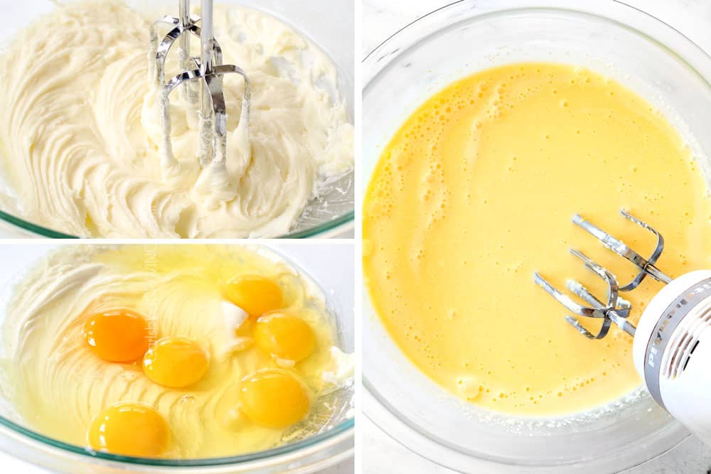 a collage showing how to make blueberry French Toast Casserole by beating cream cheese until smooth, then beating in the eggs and sugar until smooth