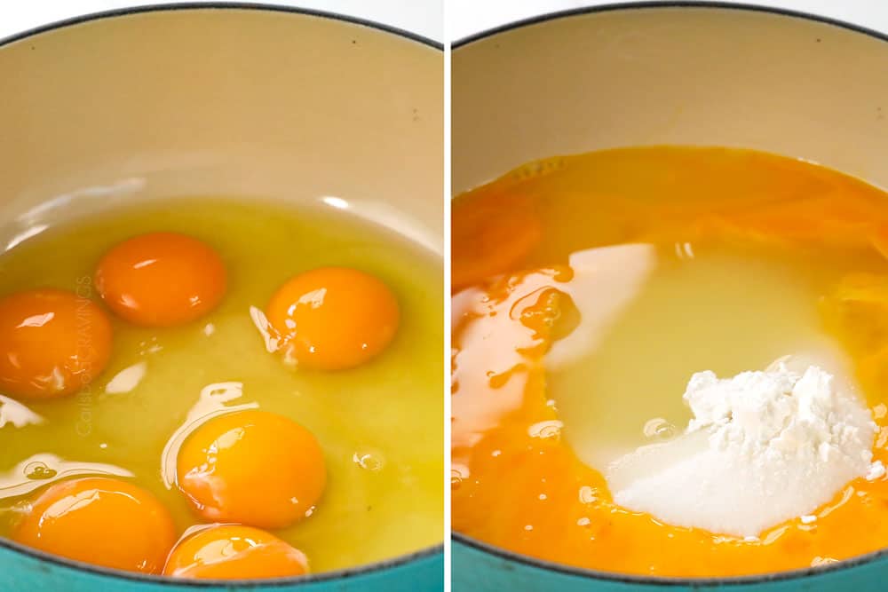 showing how to make easy lemon curd recipe by adding eggs to a small saucepan, whisking, then stirring in lemon juice, lemon zest, sugar and cornstarch