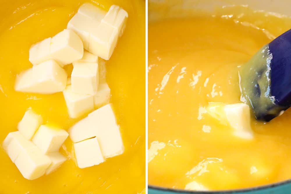 showing how to make easy lemon curd recipe by stirring butter into the thickened lemon curd to make it creamy