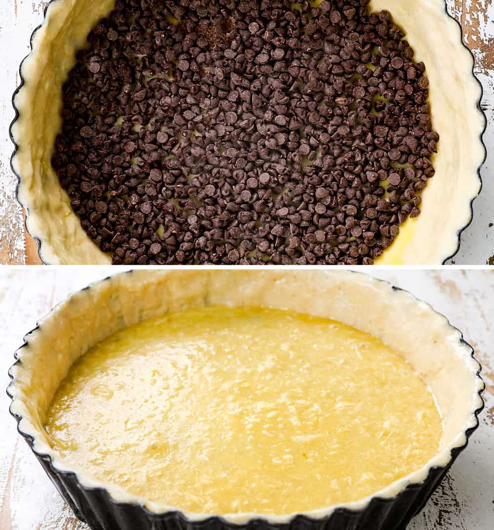 a collage showing how to make coconut pie recipe by adding chocolate chips and then custard into the pie