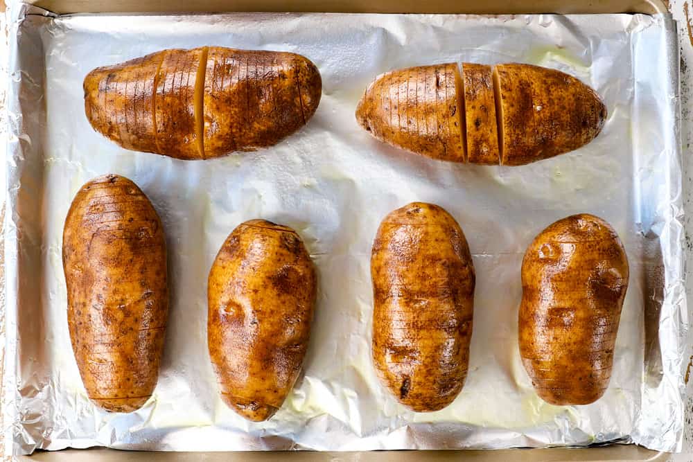 showing how to make Hasselback potatoes by baking Hasselback Potatoes until tender