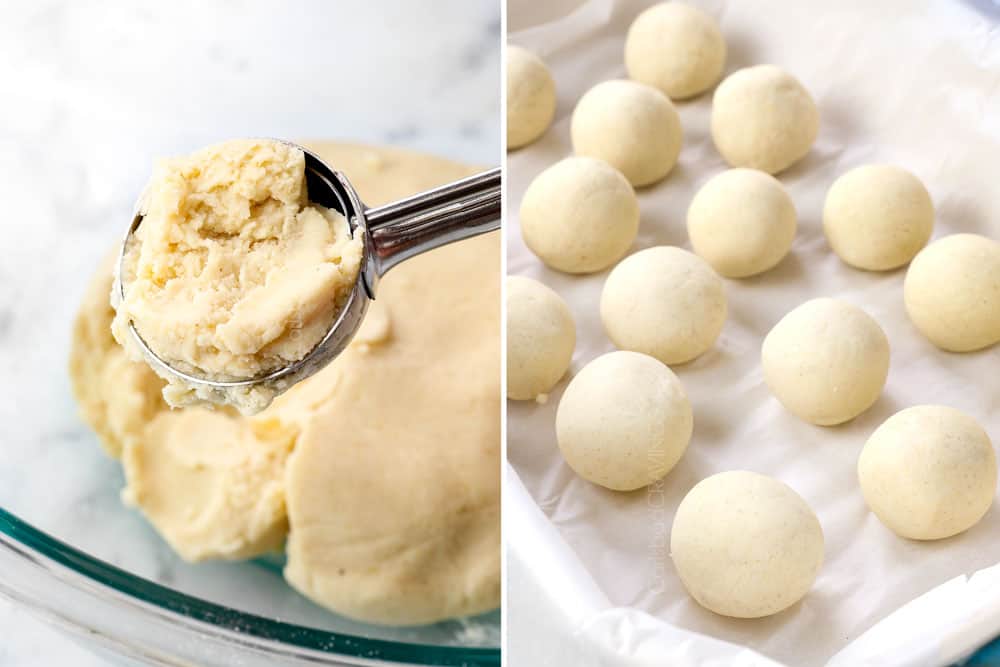 a collage showing how to make homemade corn tortillas recipe by scooping the dough with a cooking scoop then rolling into balls and placing on a parchment paper lined baking dish