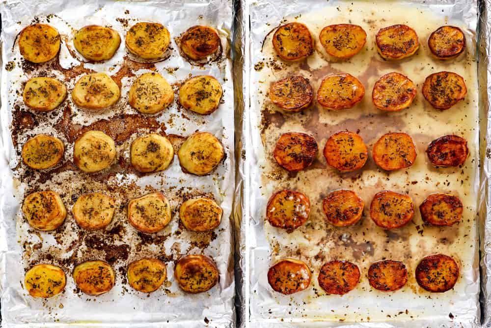 a collage showing how to make melting potatoes by flipping butter potatoes then adding chicken broth