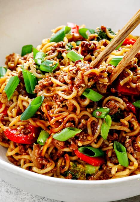 up close of ramen noodles with ground beef showing how saucy it is
