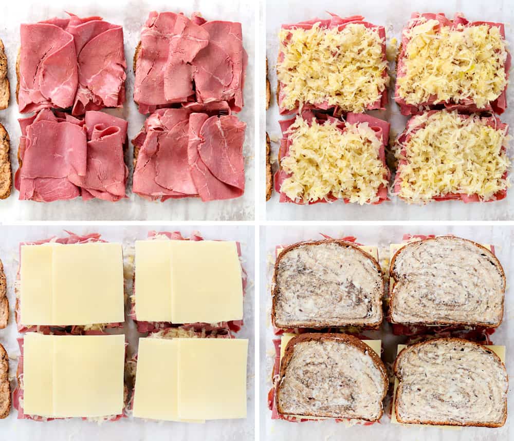 a 4 picture collage showing how to make Reuben sandwich recipe by adding corned beef to Russian slathered rye bread, topping with sauerkraut, topping sauerkraut with Swiss cheese, then adding topped slices of bread, butter side out