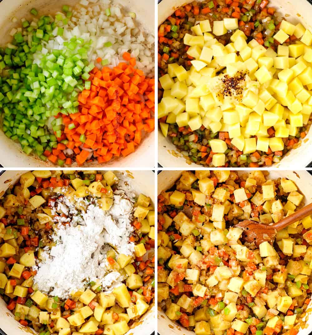 a collage showing how to make fish chowder recipe with salmon by 2) sautรฉing onions, carrots and celery, 2) adding chopped carrots and garlic, 3) adding flour, 4) then cooking flour