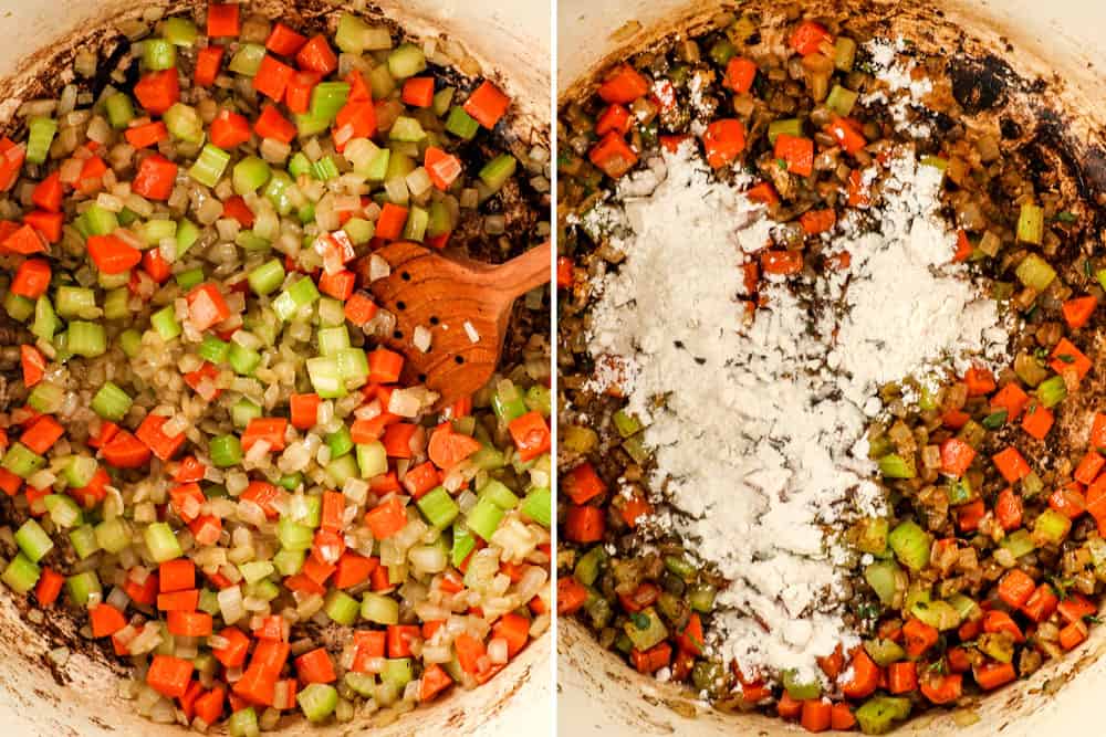 a collage showing how to make creamy mushroom soup recipe by sautรฉing carrots, celery and onions then cooking with flour