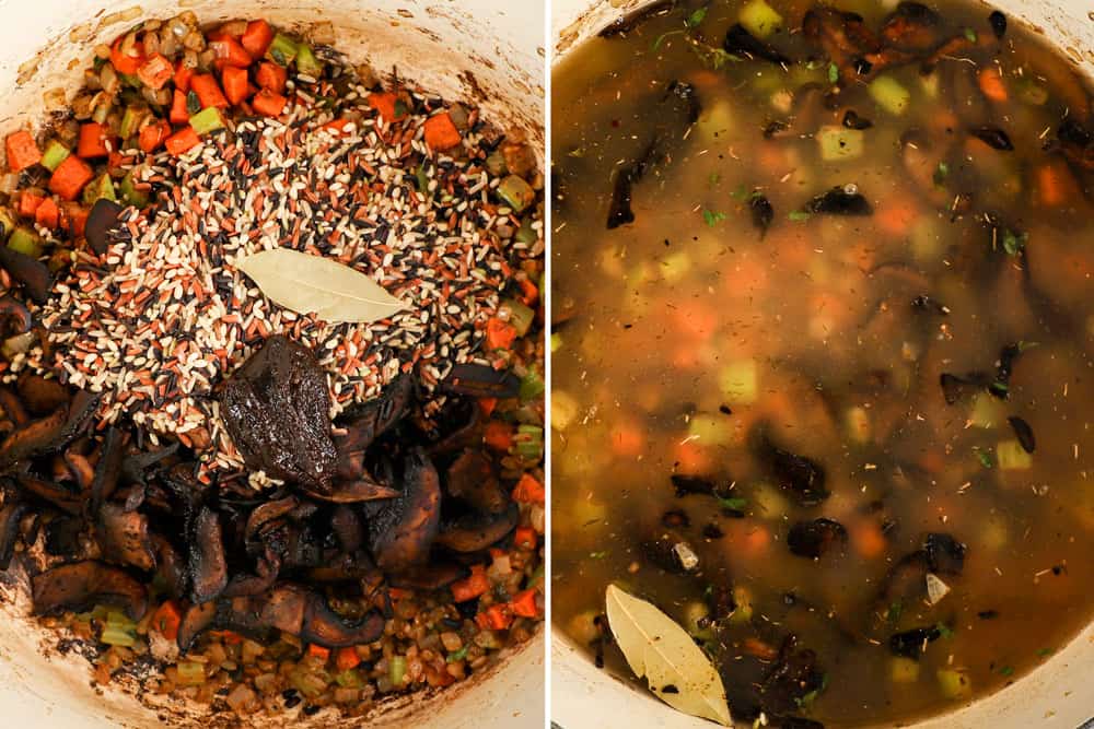 showing how to make creamy mushroom soup by adding wild rice, mushrooms and broth to the soup pot
