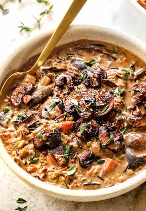 a bowl of creamy mushroom soup with wild rice and mushrooms
