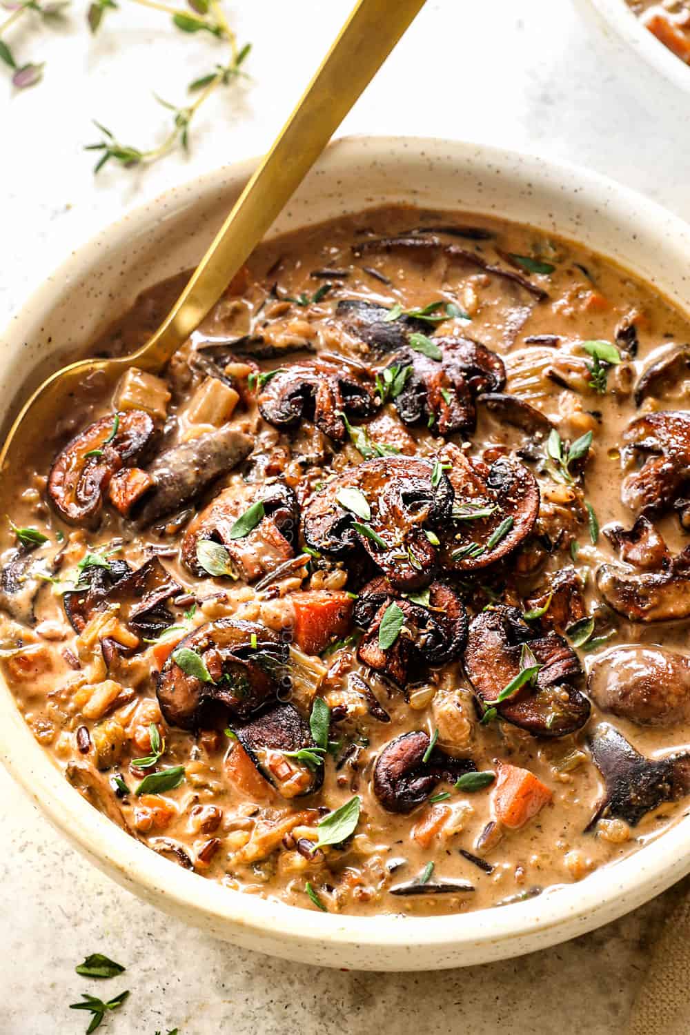 a bowl of creamy mushroom soup with wild rice and mushrooms