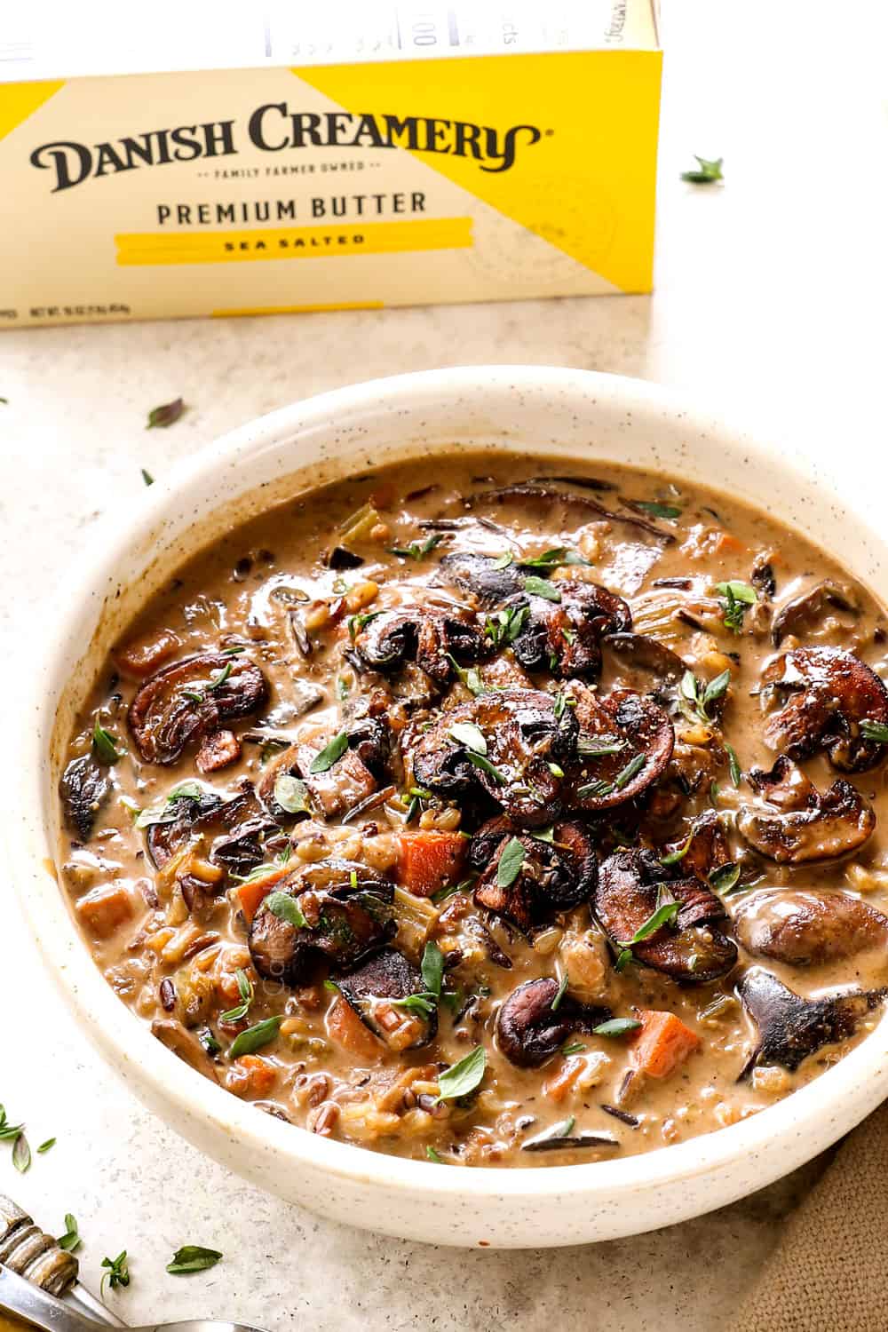 side view of mushroom soup recipe with mushrooms and cream