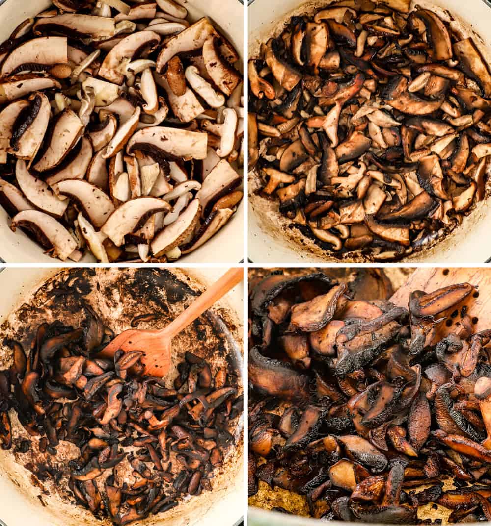 a collage showing how to make mushroom soup recipe by caramelizing mushrooms until deeply golden