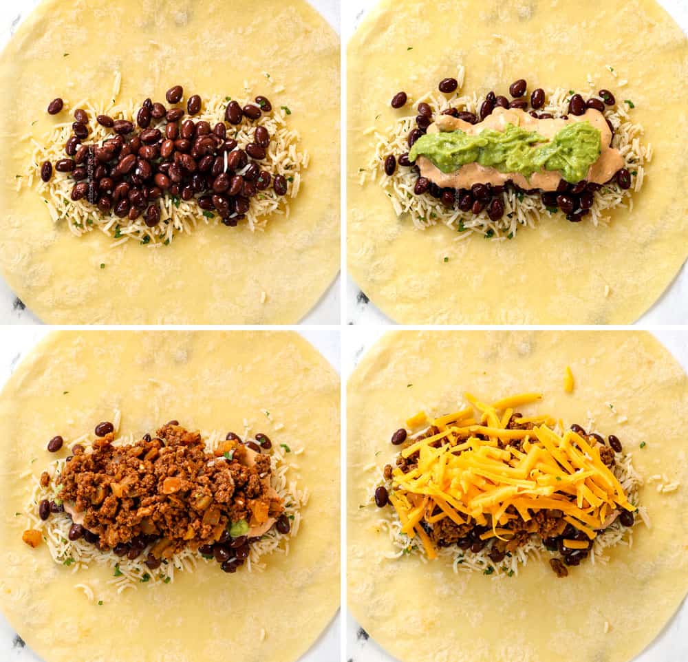 a collage showing how to make beef burrito recipe by adding rice, beans, chipotle sauce, guacamole, taco meat and cheese