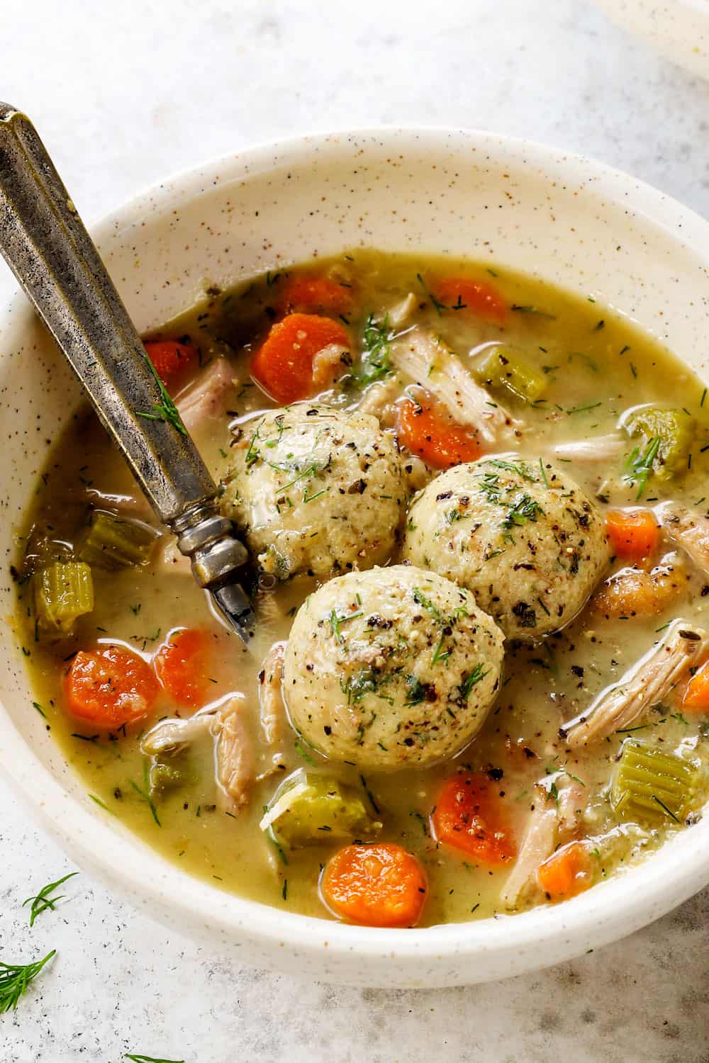 up close of a bowl of easy matzo ball soup recipe with floaters