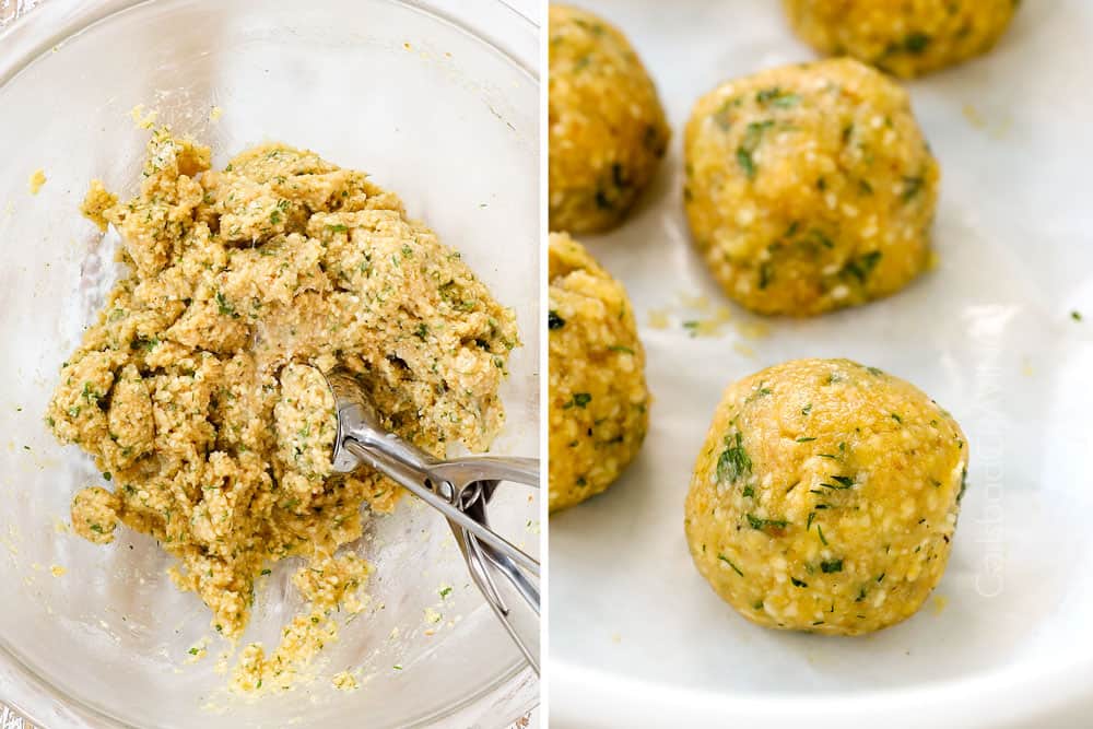 a collage showing how to make matzo ball soup by making matzo balls with a cookie scoop, rolling into a ball and lining on parchment paper