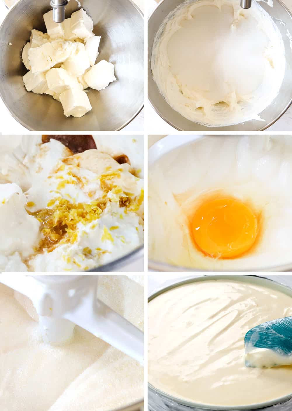 a collage showing how to make strawberry cheesecake recipe by 1) beating cream cheese until creamy, 2) adding sugar and beating until smooth, 3) adding lemon zest and sour cream, 4) adding eggs, 5) beating until creamy, 6) adding cheesecake to springform pan