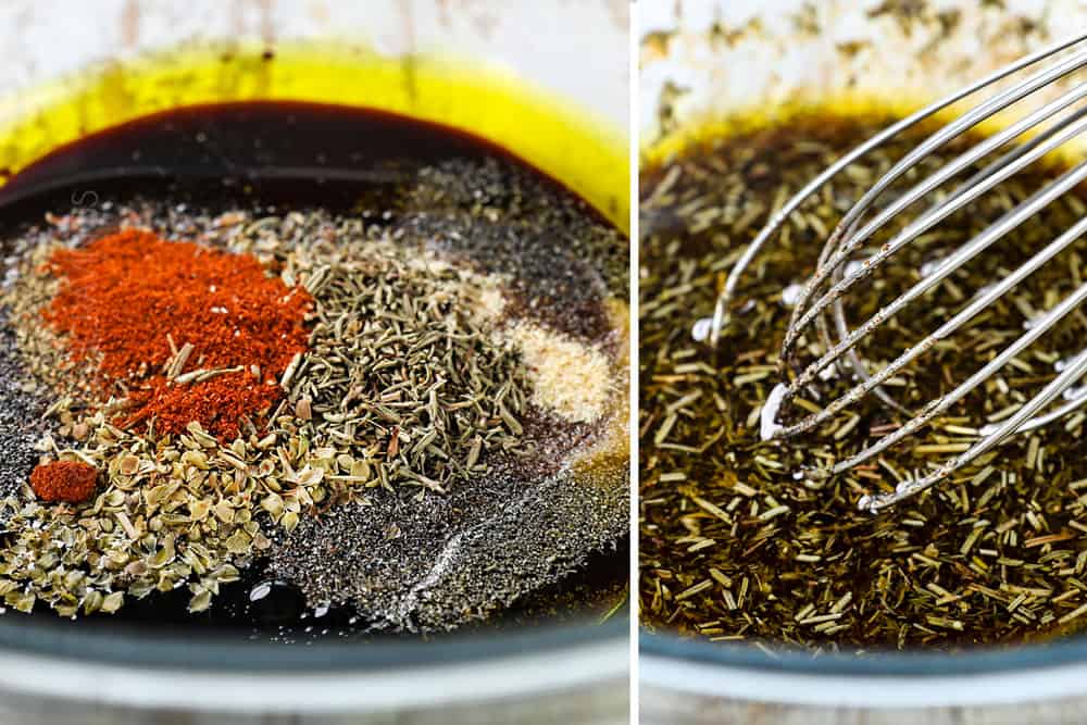 showing how to make roasted carrots by making whisking together balsamic sauce in a glass bowl