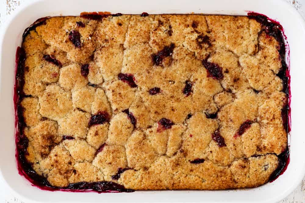 a collage showing how to make berry cobbler recipe by baking mixed berry cobbler until the top is golden and the filling bubbly
