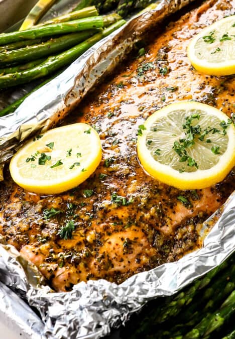 up close of baked lemon pepper salmon recipe with garlic lemon pepper butter
