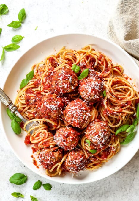 top view showing how to serve Italian turkey meatballs with marinara sauce