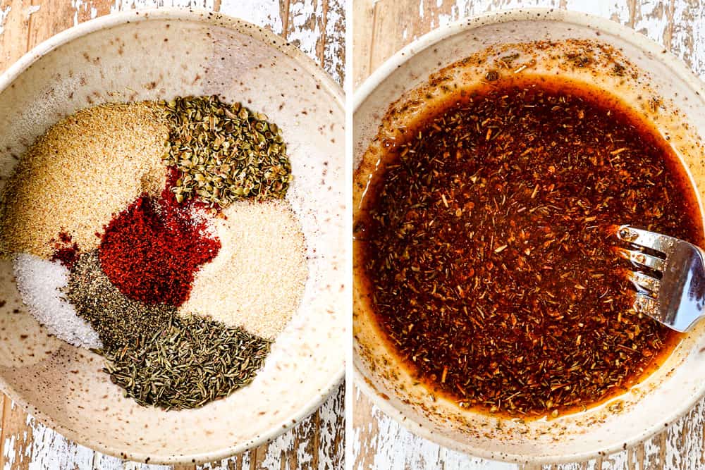 a collage showing how to make roasted cajun potatoes by whisking Cajun seasonings together and adding olive oil and combining