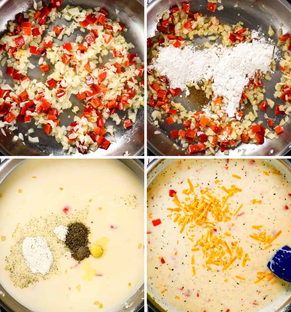 a collage showing how to make chicken bacon ranch casserole by sautรฉing onions and bell peppers, adding flour to create a roux, adding half and half, ranch seasoning mix and stirring in cheddar cheese