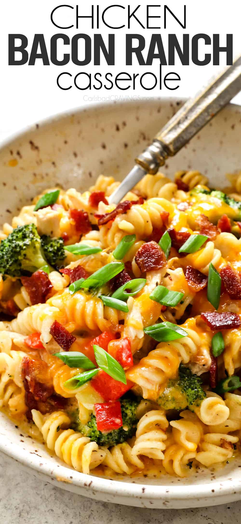 up close of chicken bacon ranch casserole showing how cheesy it is