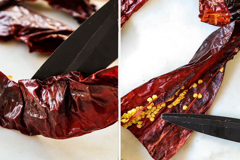 showing how to make chicken birria tacos by removing the seeds from the chili peppers