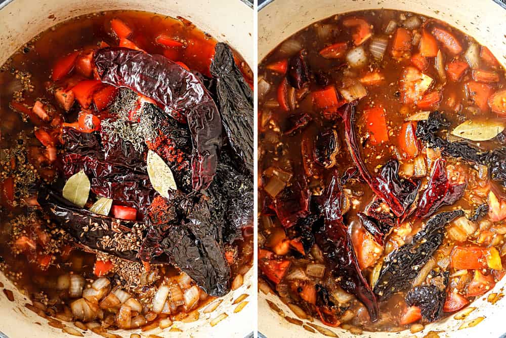 showing how to make chicken birria tacos by adding dried chilies, tomatoes, vinegar and sugar to a pot and simmering to soften the chilies