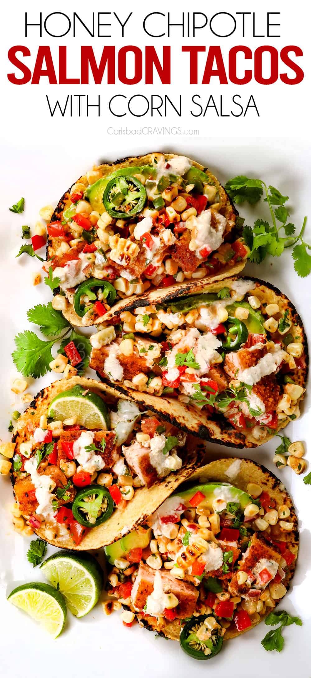 top view of easy fish taco recipe with salmon served with fish sauce