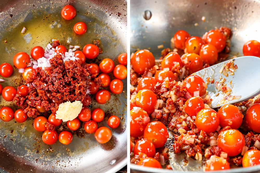a collage showing how to make creamy Tuscan shrimp by adding garlic, sun-dried tomatoes, shallot and cherry tomatoes to a skillet and sautรฉing until shallots soften