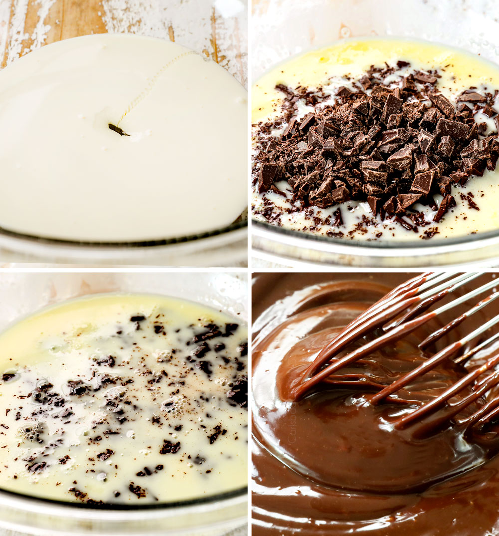 a collage showing how to make Chocolate Lasagna by making ganache: 1) simmering heavy cream, 2) adding chopped chocolate, 3) letting chocolate sit in heavy cream, 4) whisking until smooth and creamy