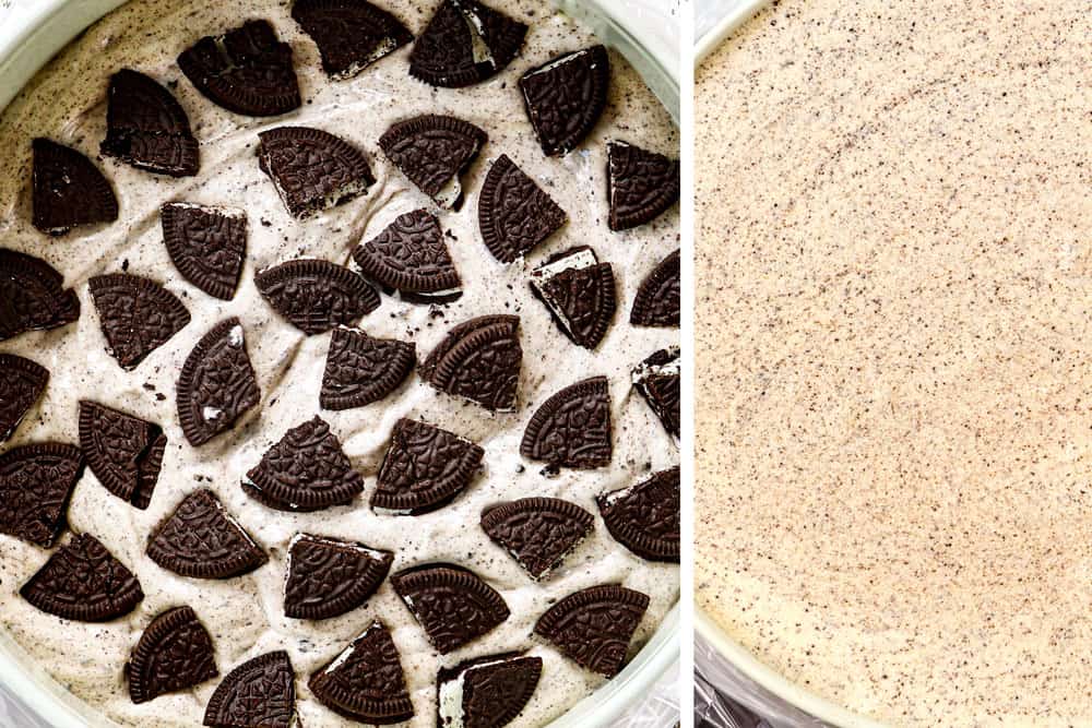a collage showing how to make Oreo cheesecake recipe by adding โ
filling to spingform pan, adding crushed Oreos and then topping with remaining cheesecake