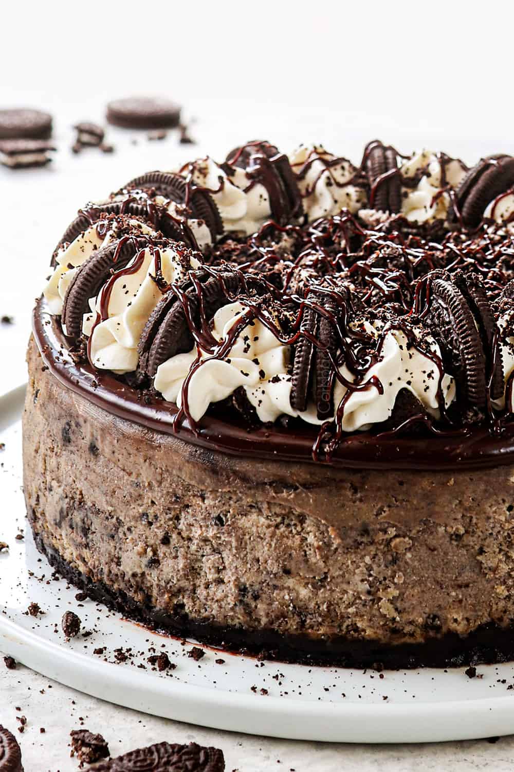 side view of Oreo cheesecake recipe showing how to decorate it with whipped cream, crushed Oreos and chocolate drizzle