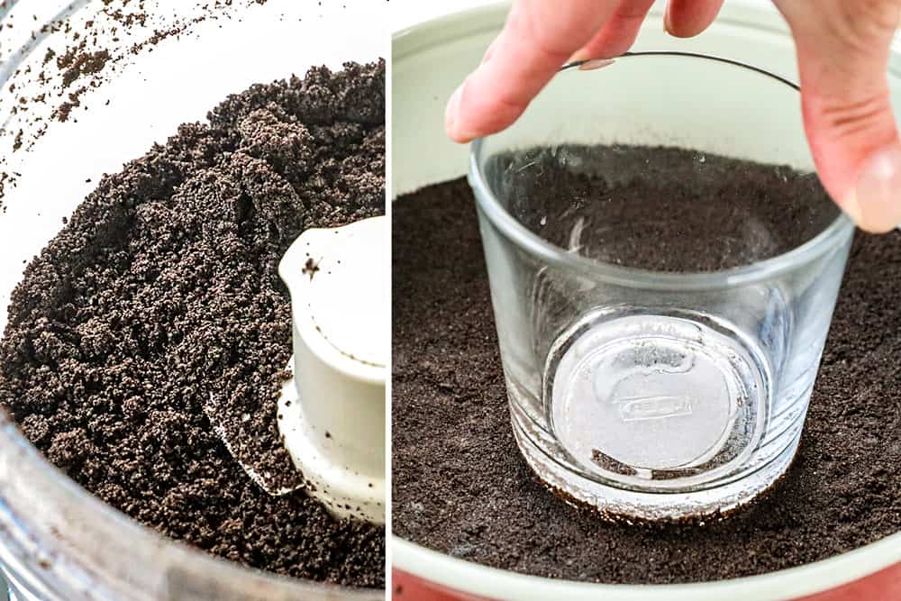 a collage showing how to make Oreo Cheesecake recipe by processing Oreos into crumbs and then pressing firmly into the bottom of a springform pan