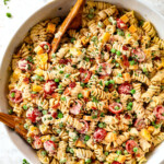 up close of pasta ranch bacon salad showing how creamy it is